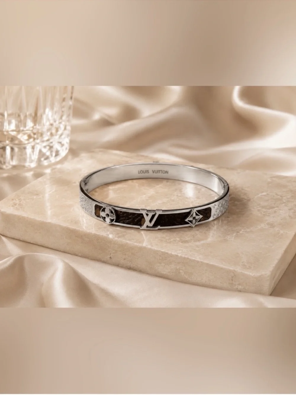 Silver and Brown LV Monogram Hinged Bangle Bracelet